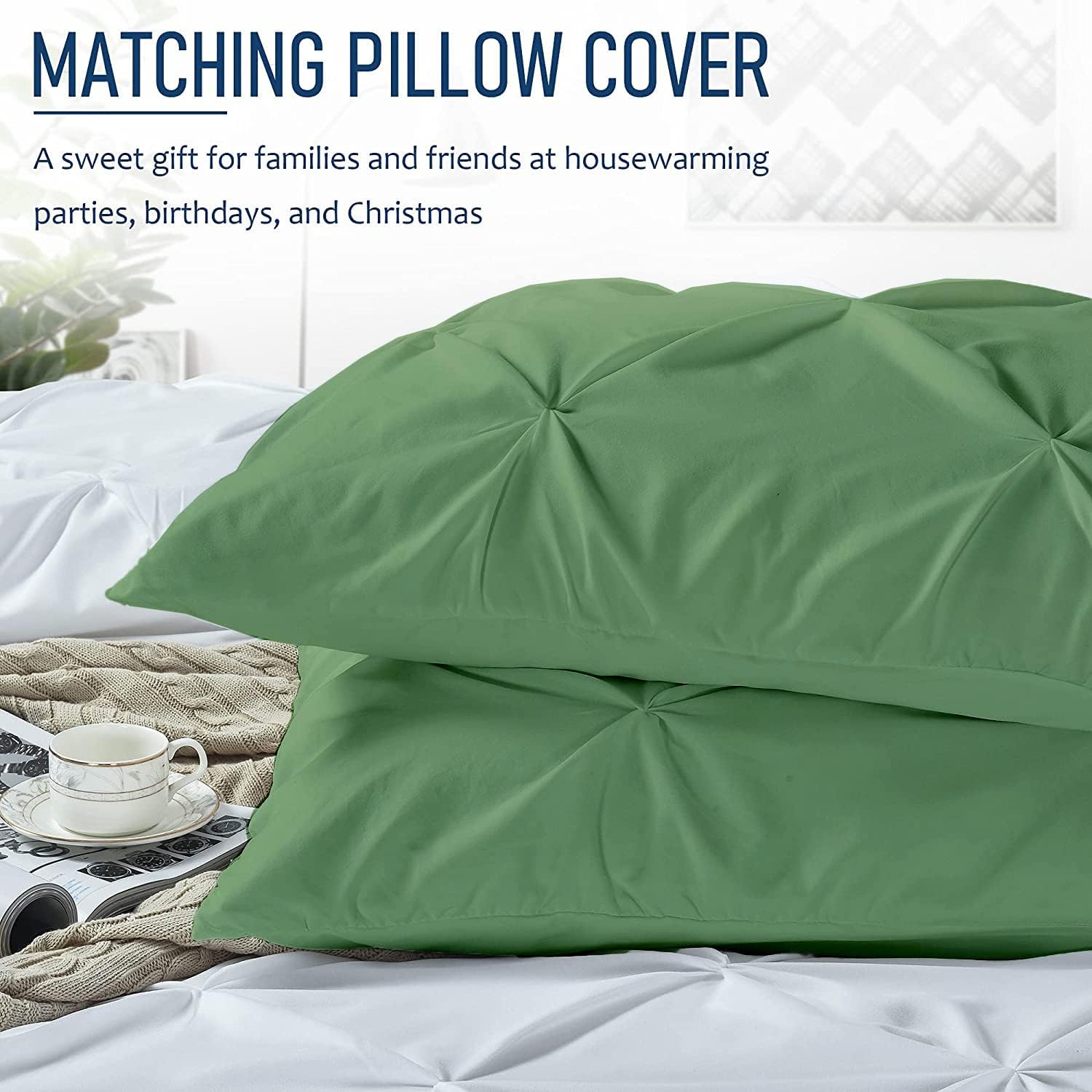 Crown Collection Luxuriate Hotel 1000-TC Hypoallergenic Ultra Soft Design 100% Egyptian Cotton Pinch Plated Duvet Cover with Zipper Colser & 2pcs Pillow Case Set (Super King Plus 120X120) Moss