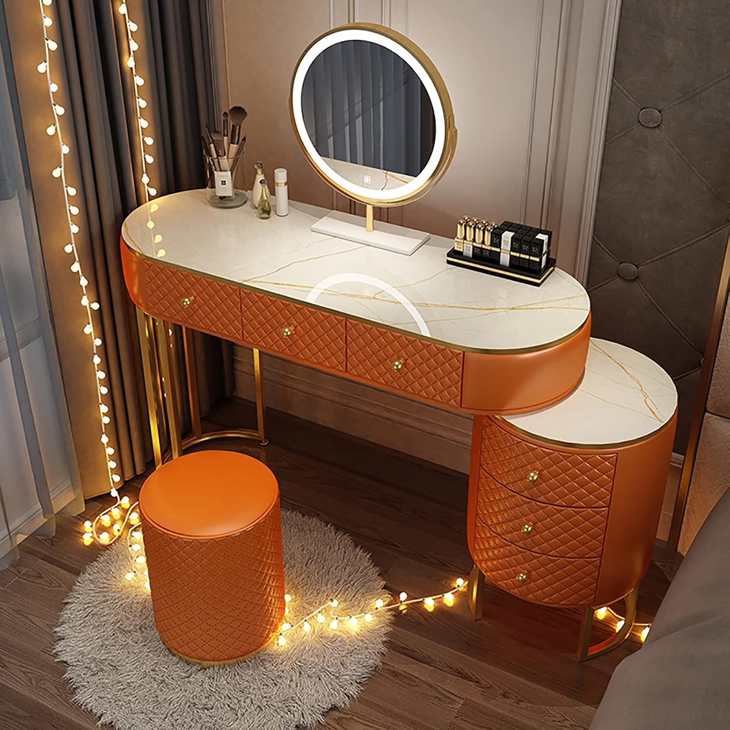 Corner Makeup Table Set Makeup, Women Dresser Table Vanity with 5-6 Drawers, Vanity Dressing Table with 360° Rotating Mirror, Makeup Vanity Benches Vanity Desk ，120cm Orange Round Stool
