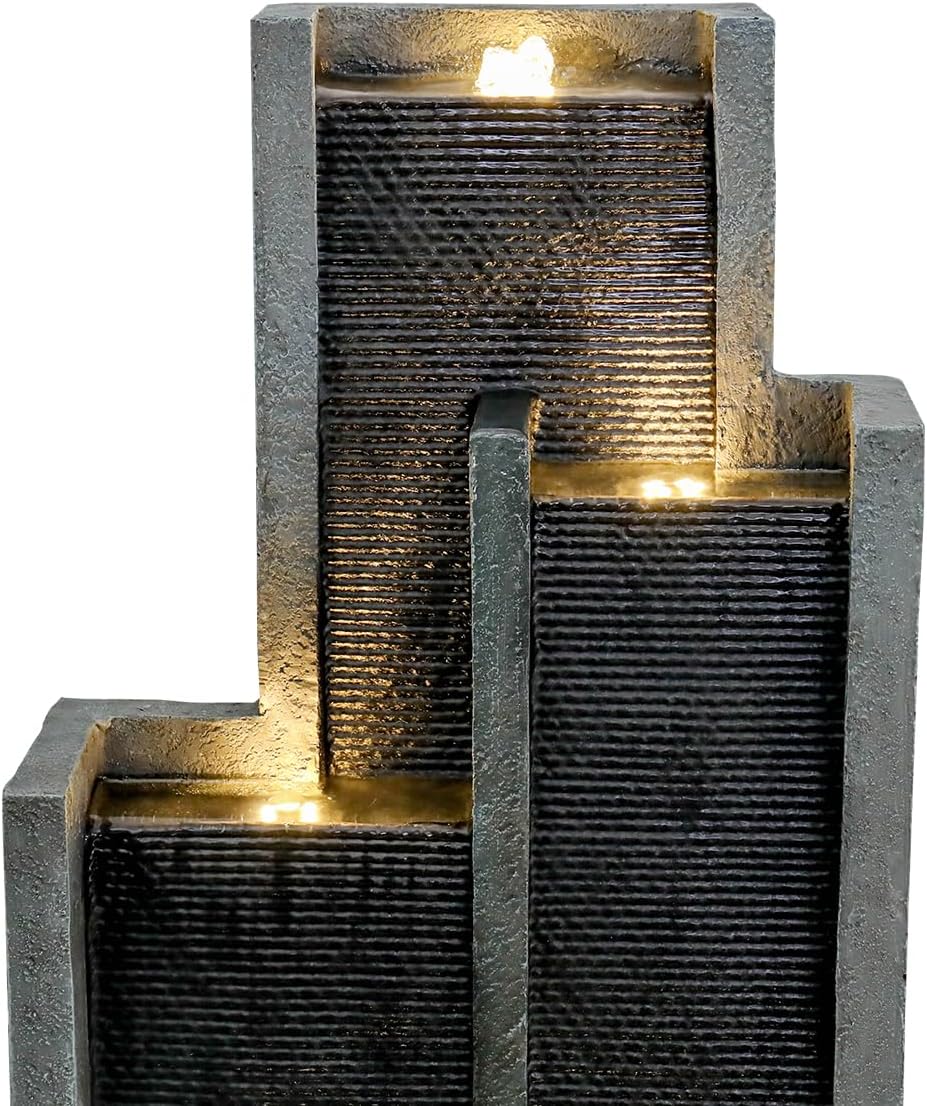 SunJet 4-Tier Modern Cascading Indoor/Outdoor Fountains and Waterfalls with LED Lights - 50.7' High Larger Water Fountain for Garden, Patio, Yard, and Deck Decor - Relaxing Water Fountain Outdoor