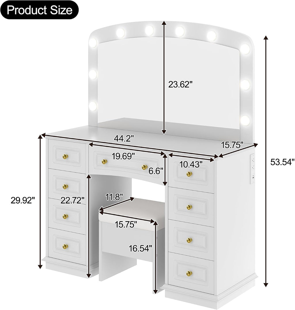 Merax 44.2' Makeup Vanity Desk with Mirror and 10 Bulbs, White Dressing Table with Cushioned Stool and 9 Storage Drawers for Bedroom