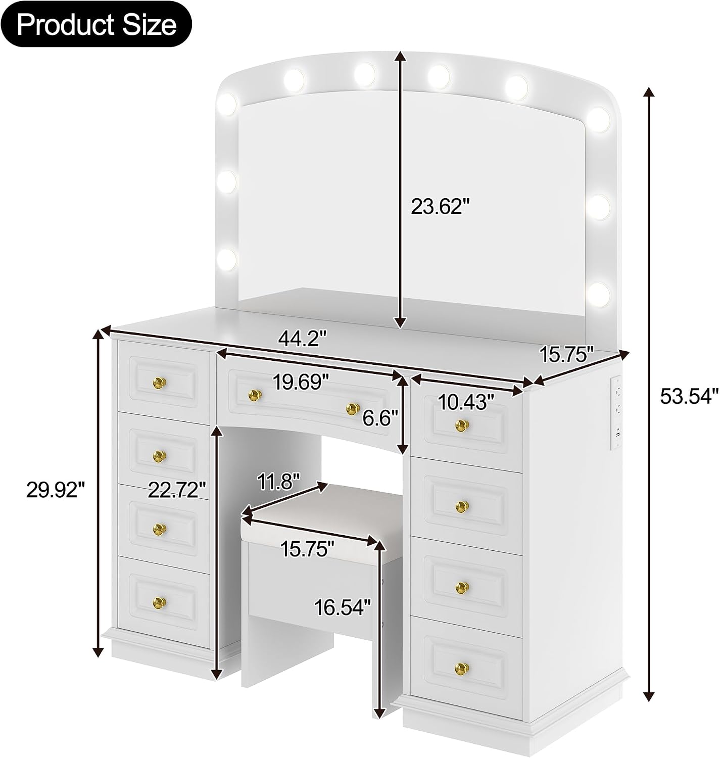 Merax 44.2' Makeup Vanity Desk with Mirror and 10 Bulbs, White Dressing Table with Cushioned Stool and 9 Storage Drawers for Bedroom