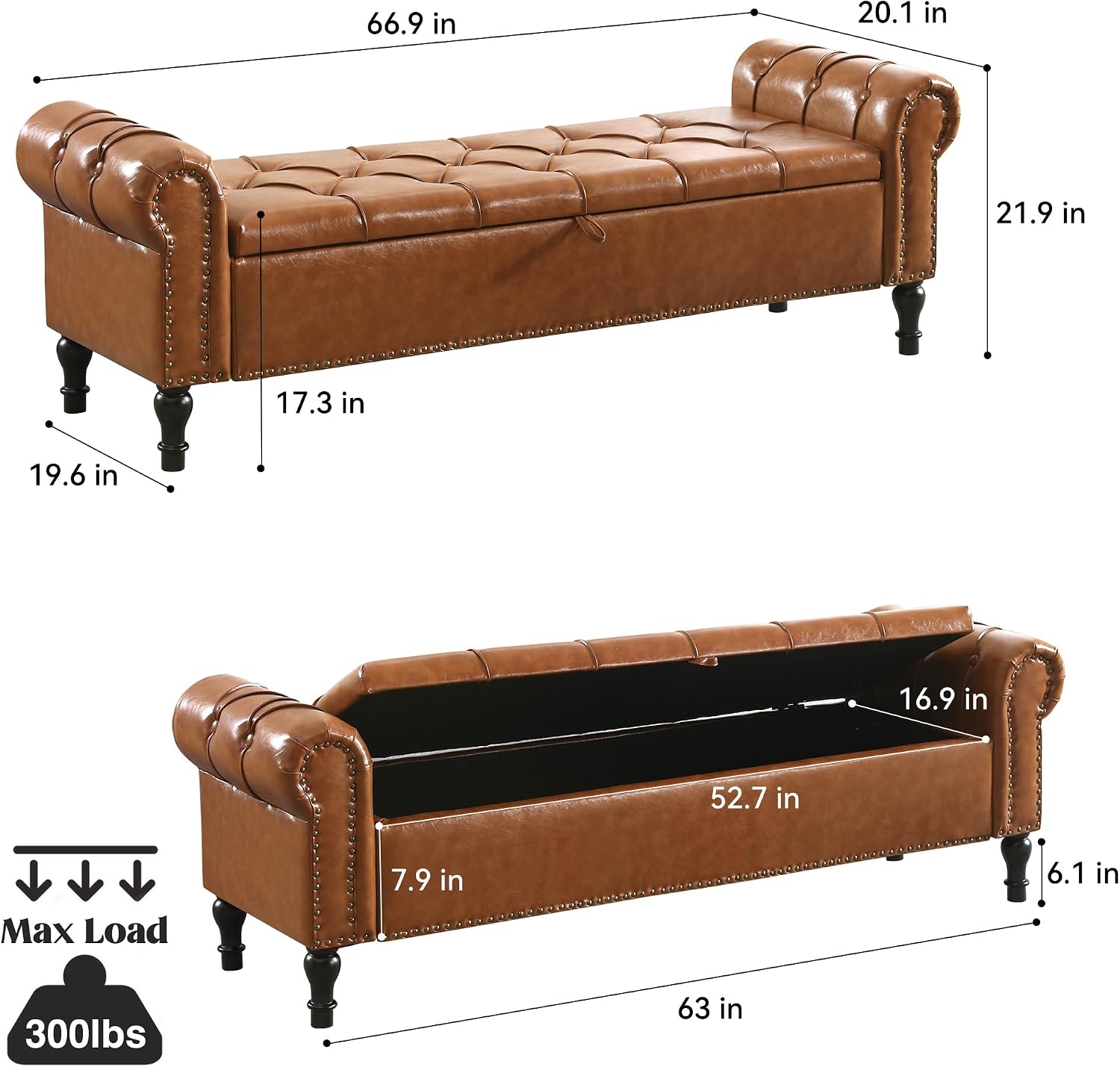 Faux Leather Storage Bench for Bed Room 67 Inch Upholstered Tufted Ottoman Bench with Arms King Size Large Storage Space End of Bed Benches for Bedroom Living Room Entryway Brown