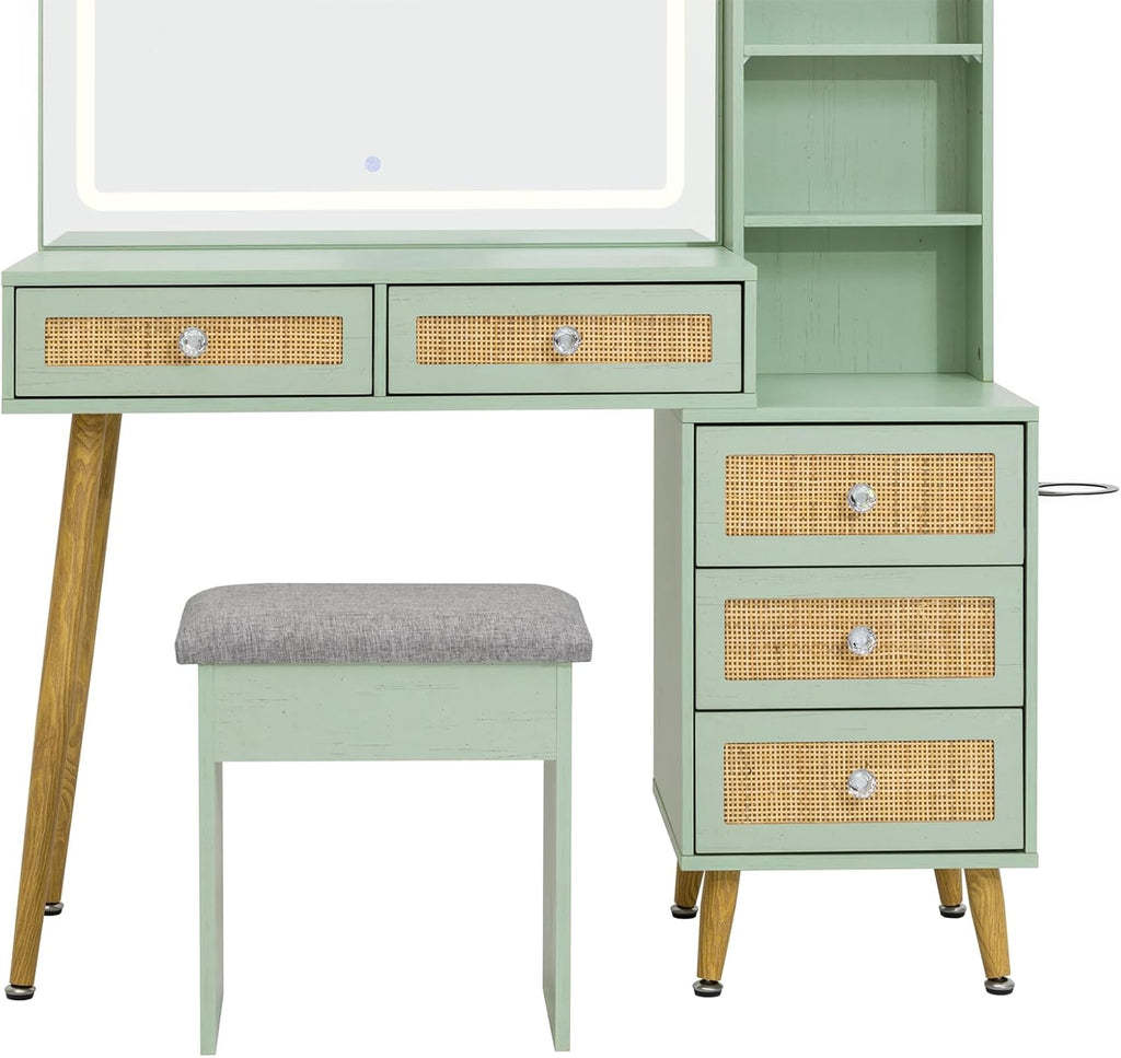 Brafab Makeup Vanity with Mirror and Lights, 43.3' Vanity with 31.5' Mirror, Large 5 Drawers Makeup Table with Adjustable Shelves and Charging Station, 3 Color Modes, Mint