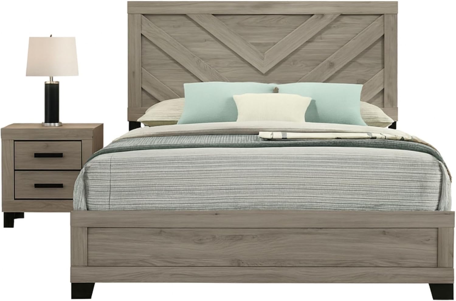 Kings Brand Furniture Napa Farmhouse 2-Piece Bedroom Set - Light Grey and Slim-Profile Design Wood Bed Frame with 1 Nightstand (King)