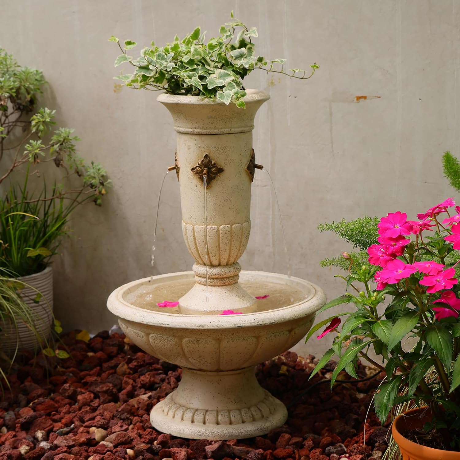 Bumilgar Outdoor Wall Fountain with LED Lights, 25.39' H Freestanding Garden Water Fountain, Large Floor Standing Patio Waterfall Feature, European Resin Flat Back Yard Courtyard Porch Décor