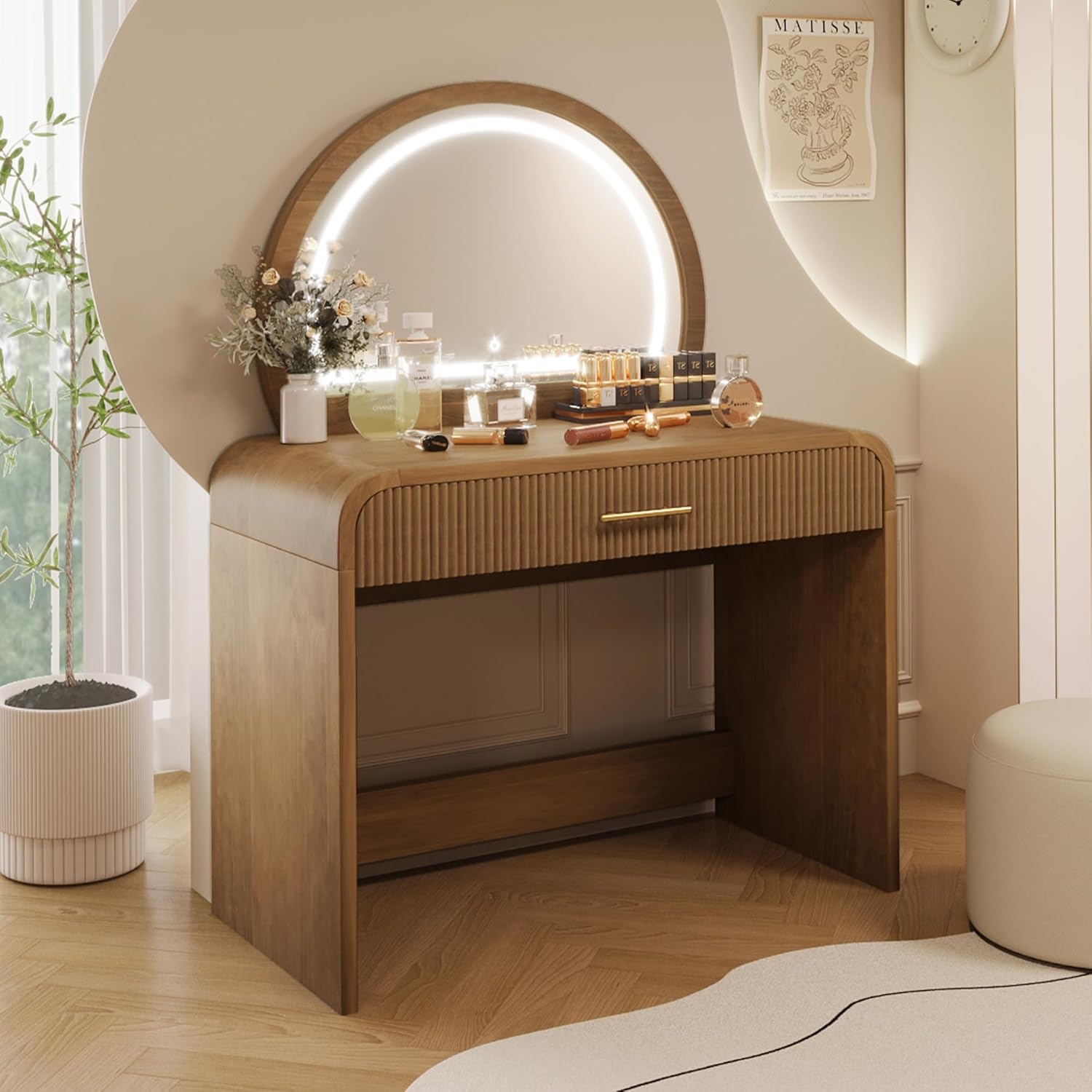 JIJIWANG 39' Makeup Vanity Table with Mirror Touch Screen Lighted Mirror, Dressing Table with Drawer for Bedroom (Espresso, 39' L x 20.1' W x 52.7' H)