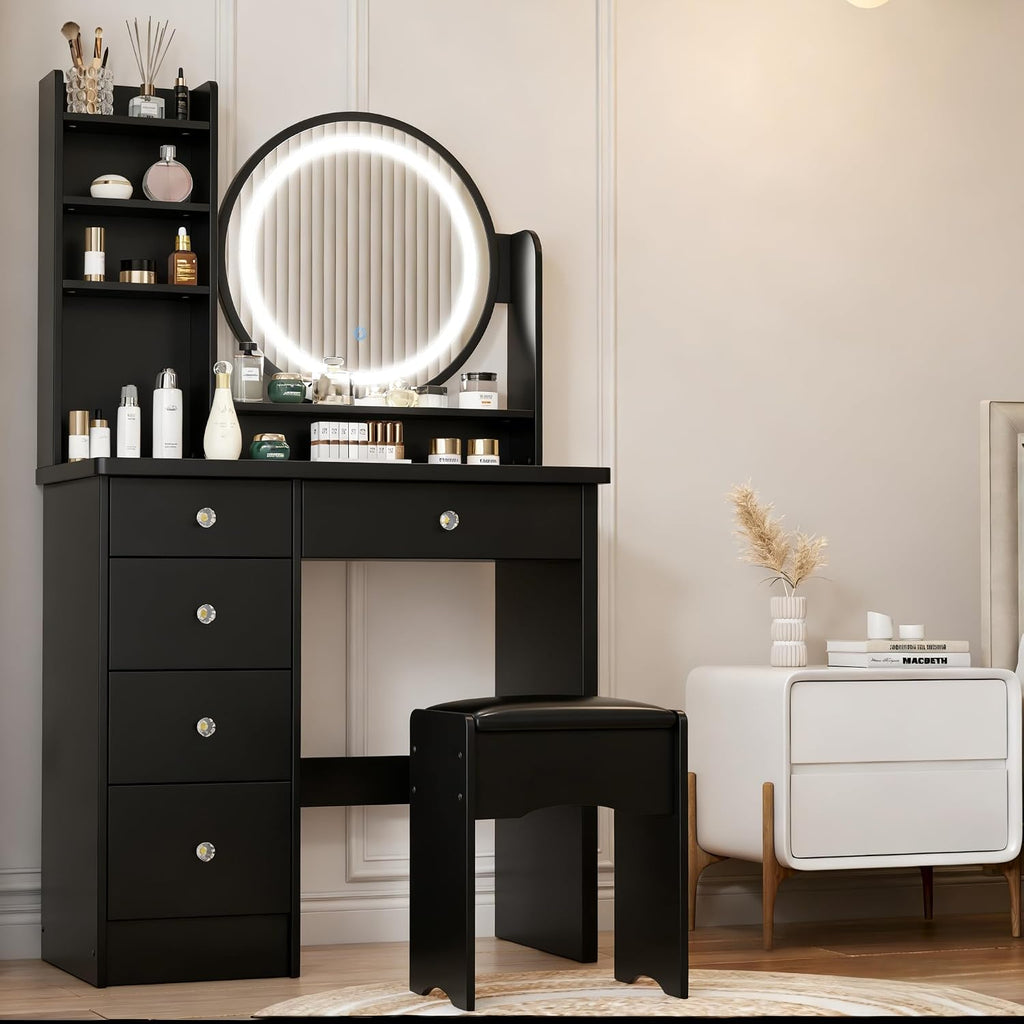 FUFU&GAGA Black Vanity Set with Round Lighted Mirror, Makeup Vanity Bedroom Dressing Table with 5 Drawers, Shelves, Dresser Desk and Cushioned Stool