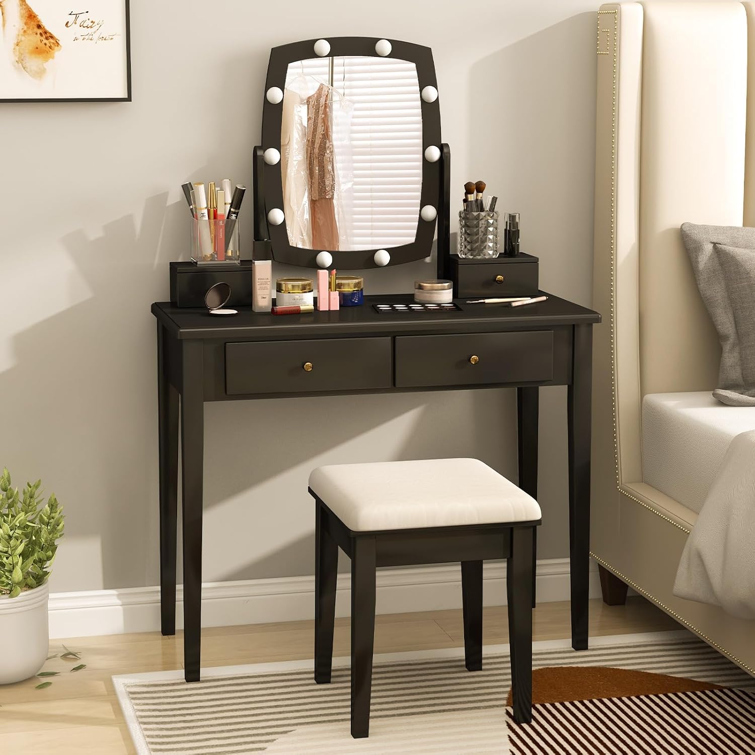 GOFLAME Vanity Table Set with Rotatable Lighted Mirror, 2-in-1 Makeup Table Writing Desk with 3-Color Dimmable LED Lights, 4 Drawers, Dressing Table with Cushioned Stool for Bedroom (Black)