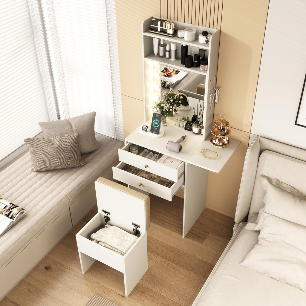 CHARMAID Small Vanity Desk with Mirror and Lights, White Makeup Vanity Table with Storage Bench, Drawers, Shelves, Foldable Side Table, Charging Station, Compact Vanity for Small Bedroom Narrow Space