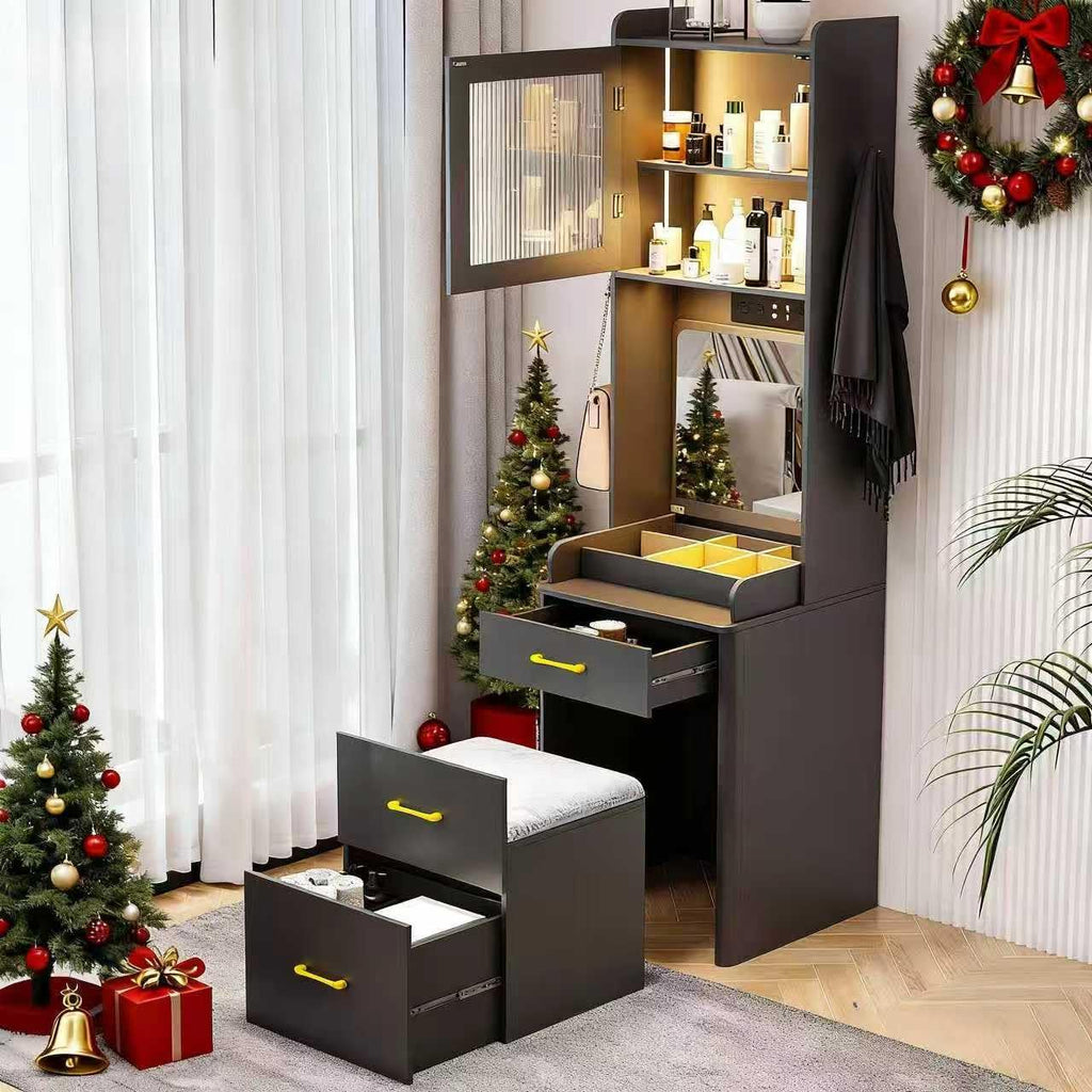 3 in 1 Vanity Desk with Mirror and Lights,Tall Makeup Vanity Set with Hidden Stool & Flip-up Mirror, Compact Make Up Vanity and Desk Combo for Small Spaces (Black)