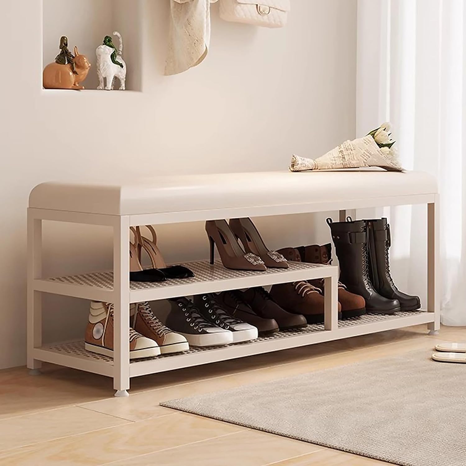 Entryway Bench with Storage, White PU Leather Seat and Metal Frame, Perfect for Hallway, Bedroom, Corner, Window Seat, Stylish Shoe Rack nizer