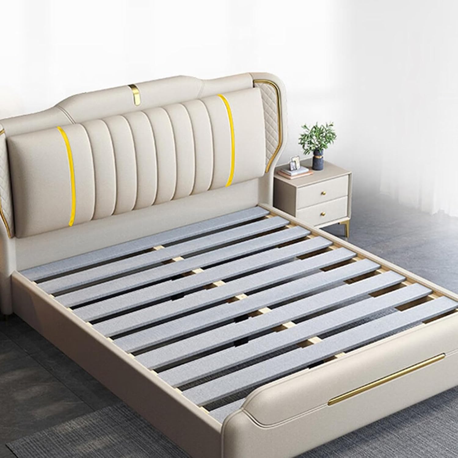 White Luxury King Size Genuine Leather Bed Set with Wingback Headboard and Storage Drawers Wooden Slats and Metal Frame Support, No Box Spring Needed Noise Free