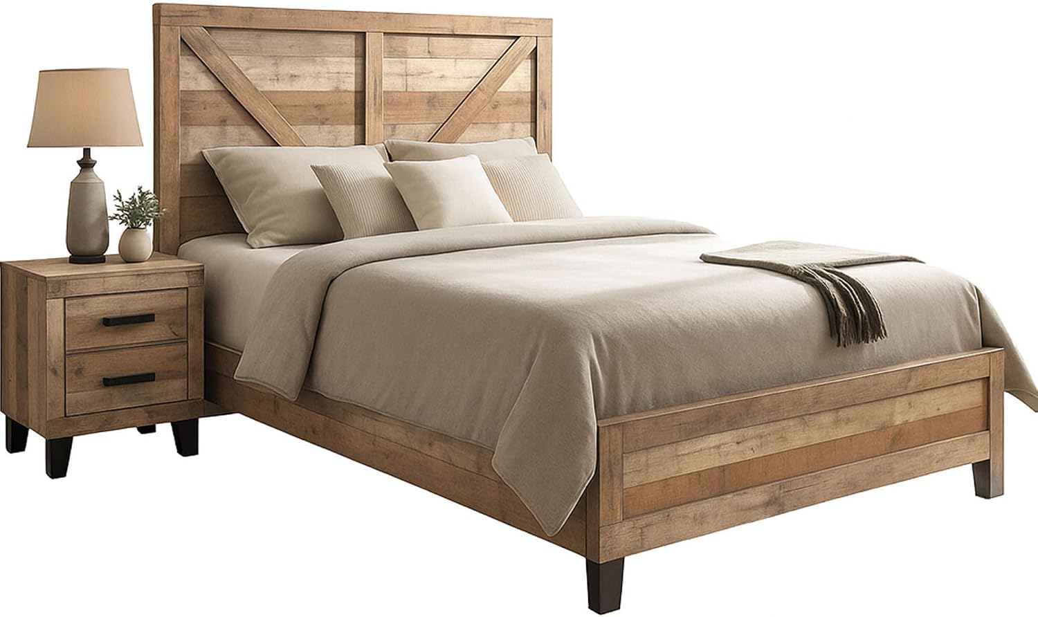 Kings Brand Furniture 2-Piece Antique Natural Bedroom Set – Wood Bed Frame and 1 Night Stand (Queen)