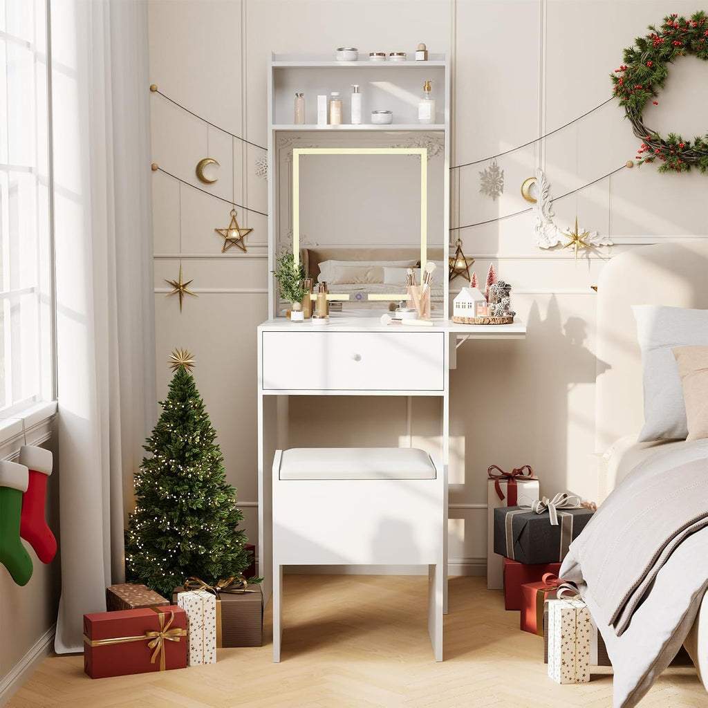 Garvee White Makeup Vanity Desk with Smart LED Mirror & Power Station, Small Vanity Desk with with Fold-up Panel, Storage Chair and Open Shelves for Bedroom