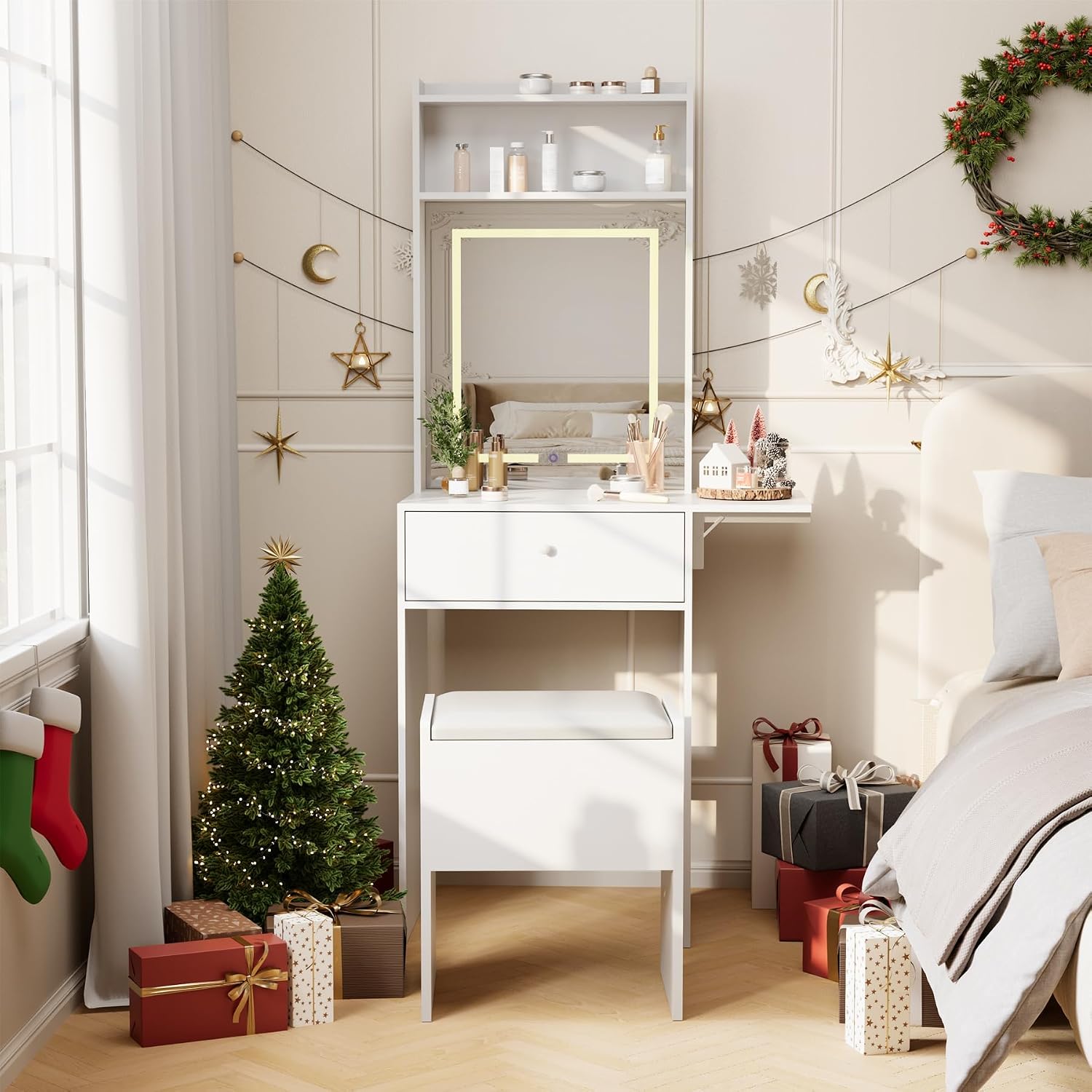 Garvee White Makeup Vanity Desk with Smart LED Mirror & Power Station, Small Vanity Desk with with Fold-up Panel, Storage Chair and Open Shelves for Bedroom