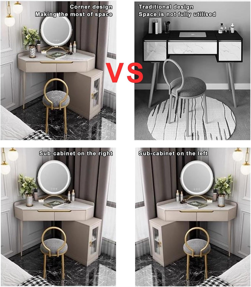 UPGENT Vanity Desk with Touch Screen Lighted Mirror, Corner Vanity Desk Set Dressing Table with 360 ° flippable Mirror Surface for Bedroom Small Spaces, Women Girls