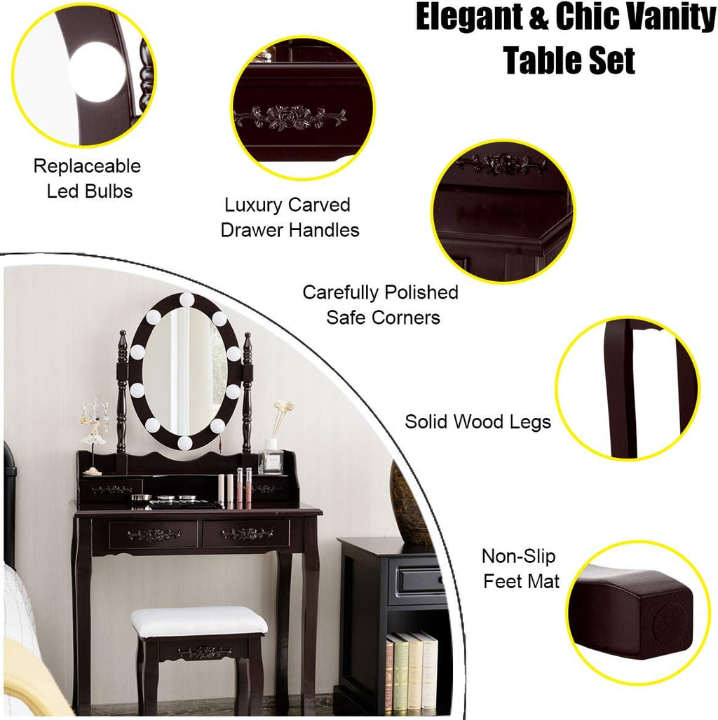 DORTALA Vanity Table Set, Makeup Dressing Table with 10 Dimmable Bulbs Lighted Mirror & 4 Drawers, Cushioned Stool, Solid Wood Leg, Classic Dressing Table Set for Home, Salon, Brown