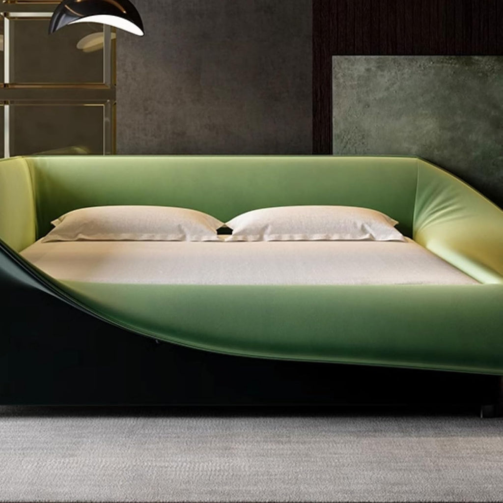 Elegant King Size Genuine Leather Bed Set Thick Padded Headboard Wooden Slats and Metal Frame Support, No Box Spring Needed Noise Free