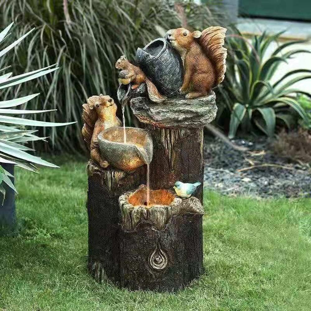 Indoor Fountain/Water Fountain Resin Squirrel Family Patio Fountain Garden Decoration Outdoor Landscape Garden Design for Home Garden Desktop Decoration Tabletop Water Fountains