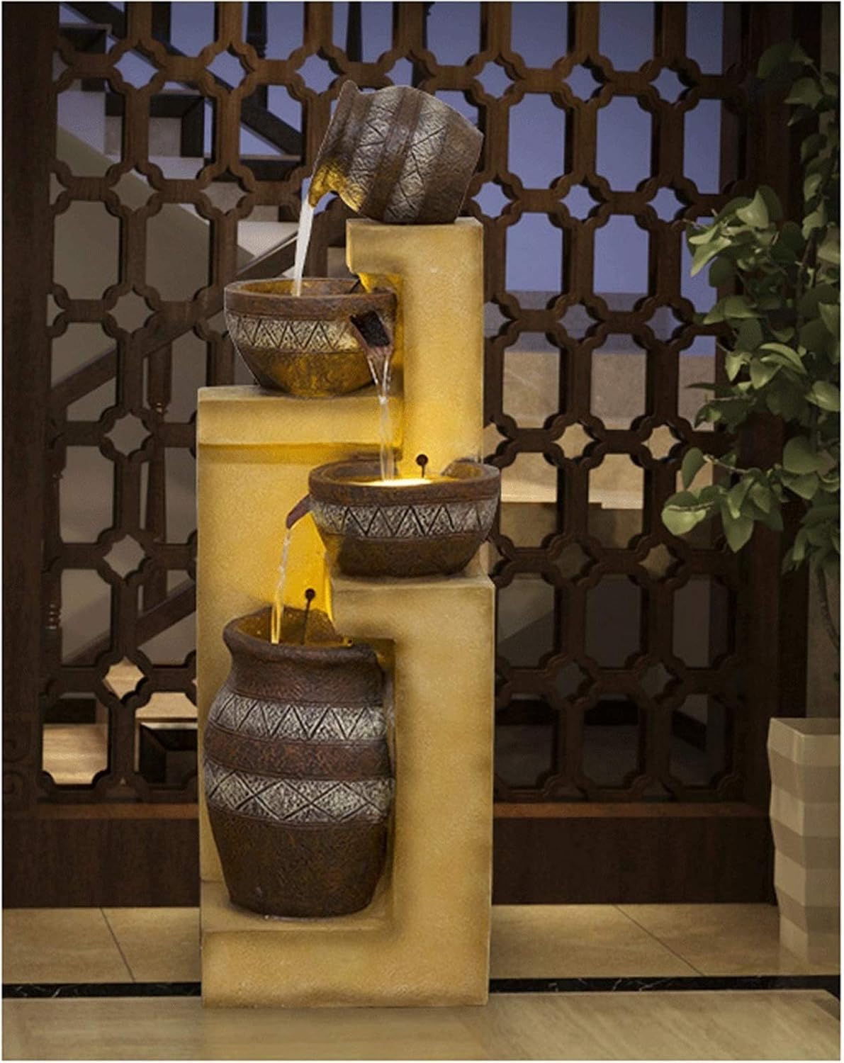 Water Fountain Cascading Resin-Rock Tabletop Fountain Indoors and Outdoors Water Feature Waterfall with LED Lights and Pump Decorative Fountain for Living Room Office Gardens Patios