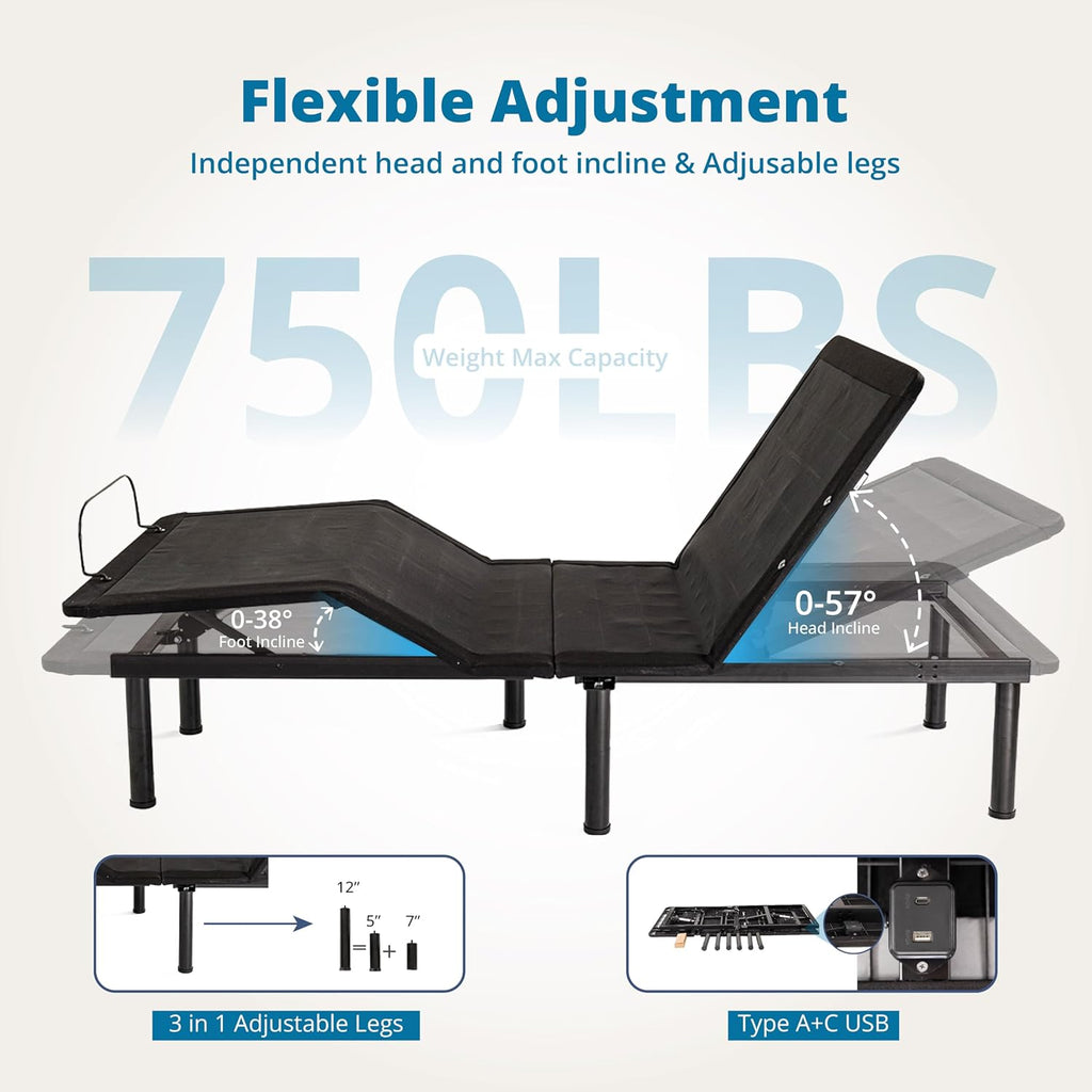 EGOHOME Twin XL Adjustable Bed Frame and 14 inch Charcoal Gel Memory Foam Mattress, Independent Head and Foot Incline with Massage Foldable Bed, Wireless Remote, Zero Gravity, No Headboard