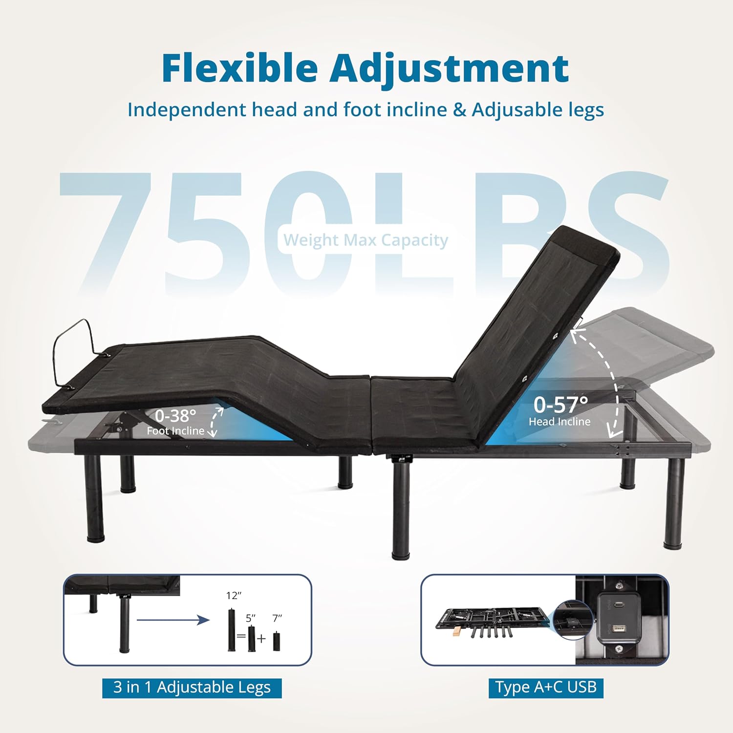 EGOHOME Adjustable Bed Frame Full Size and 14 inch Charcoal Gel Memory Foam Mattress, Independent Head and Foot Incline with Massage Foldable Bed, Wireless Remote, Zero Gravity, No Headboard