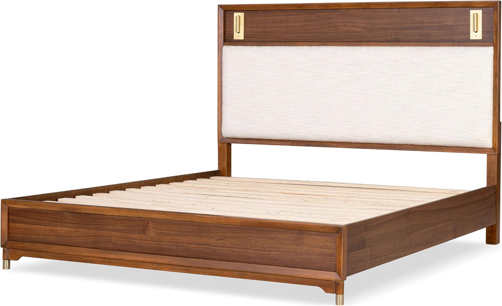 Furniture of America Forma Modern Solid Wood 3-Piece Bedroom Set with Upholstered Bed with LED Lights, Ball-Bearing Glide on Nightstand and Chest, No Box Spring Needed, Queen, Walnut