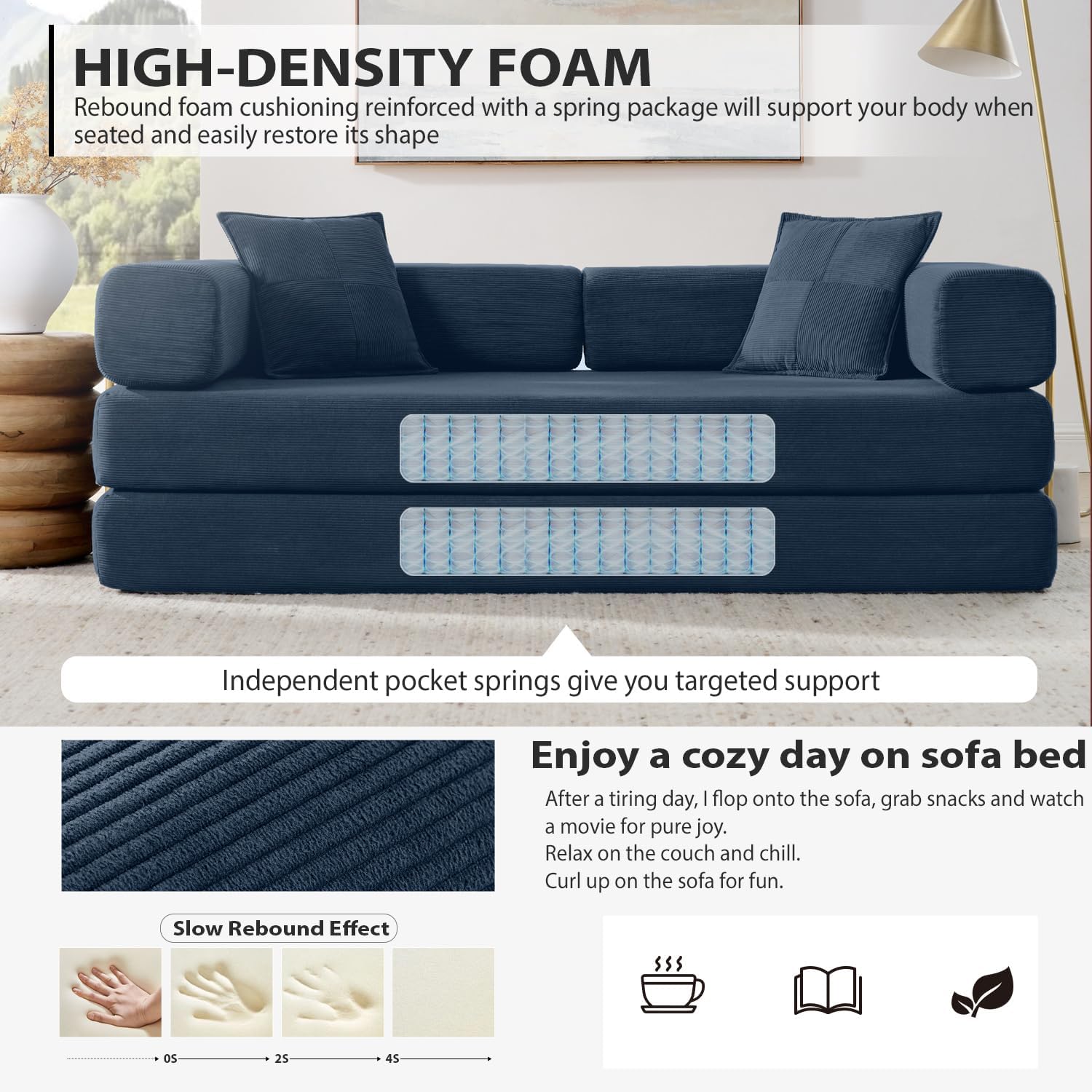 4-in-1 Folding Convertible Sofa Bed, 78 Inch Boneless Couch with Fixed-Shape Frame, Corduroy Loveseat Sleeper with Pull Out Bed, Floor Sofa Modular Futon Couch for Living Room Bedroom Lounge (Blue)