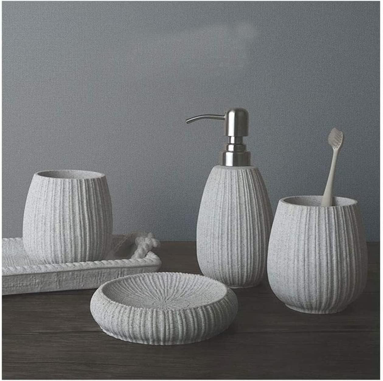 Vanity Bathroom Decor, Bathroom Accessory Set Stone Effect Bathroom Set 4 Piece Bath Ensemble for Decor and Housewarming Gift Set Housewarming Gift(Grey)