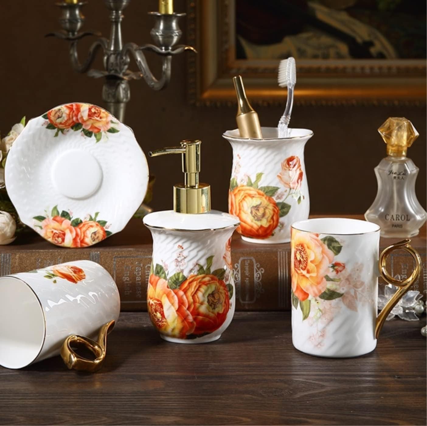 Vanity Bathroom Decor, Light Luxury Bathroom Accessories Set 5 Pieces Ceramics Bath Accessory European Retro Style Bath Set Housewarming Gift(A)