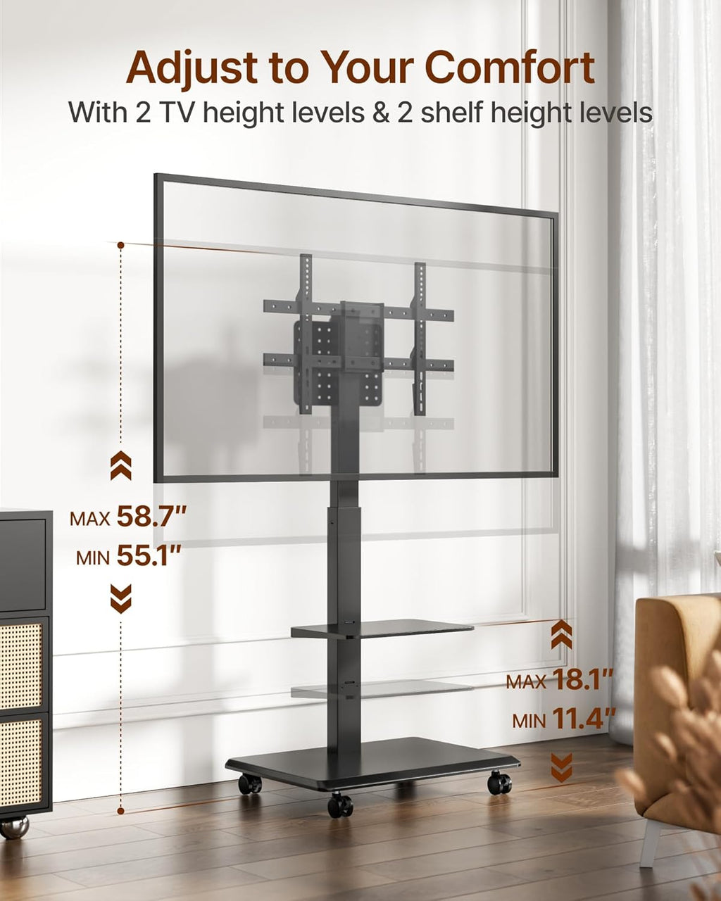Steel Base Rolling TV Stand for 37-86 Inch TVs up to 110 lbs, Rotating & Tilt & Swivel Mobile TV Stand with Pegboard Storage Panel, Height Adjustable Portable TV Cart with Steel Shelf, Black