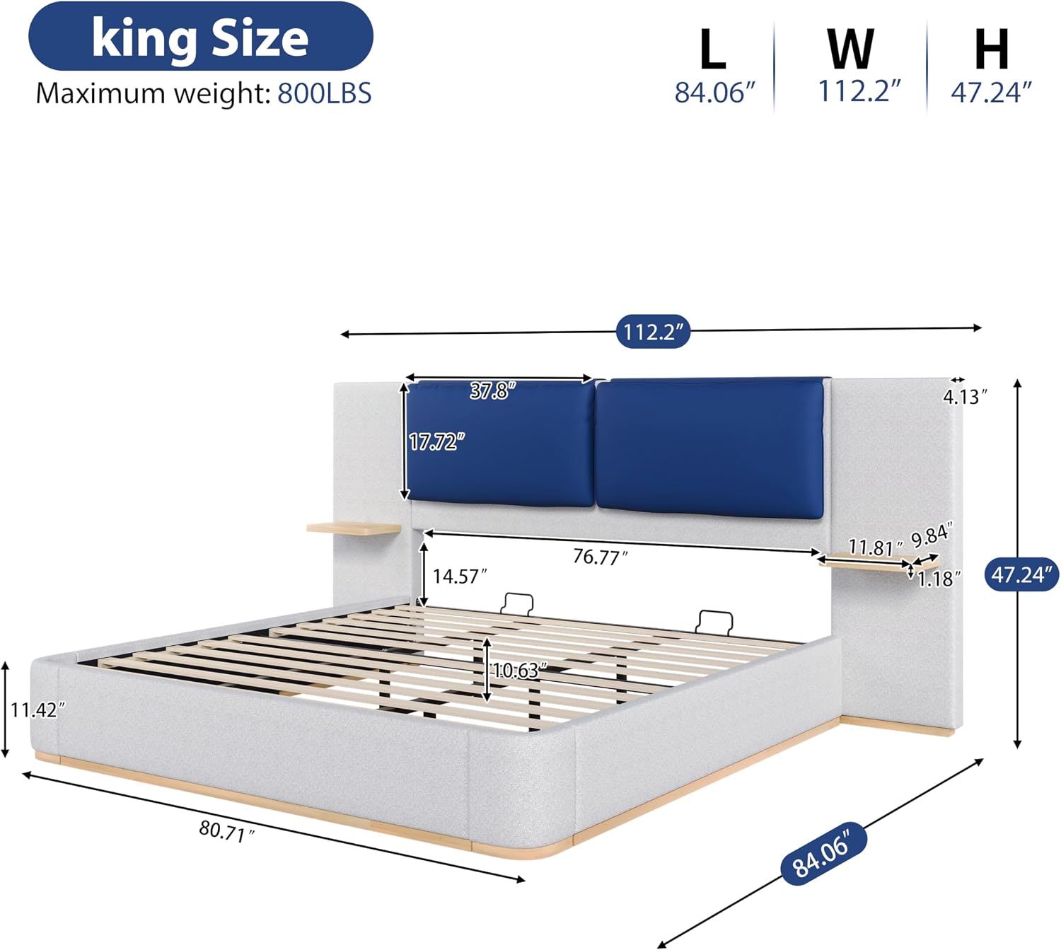 Luxury Bed Frame with Nightstands Modern Bedroom Set, Grey King Size Floor Platform Bed with Oversize Soft Upholstered Tall Headboard Bedframe, No Box Spring Needed (Blue+Grey, King)