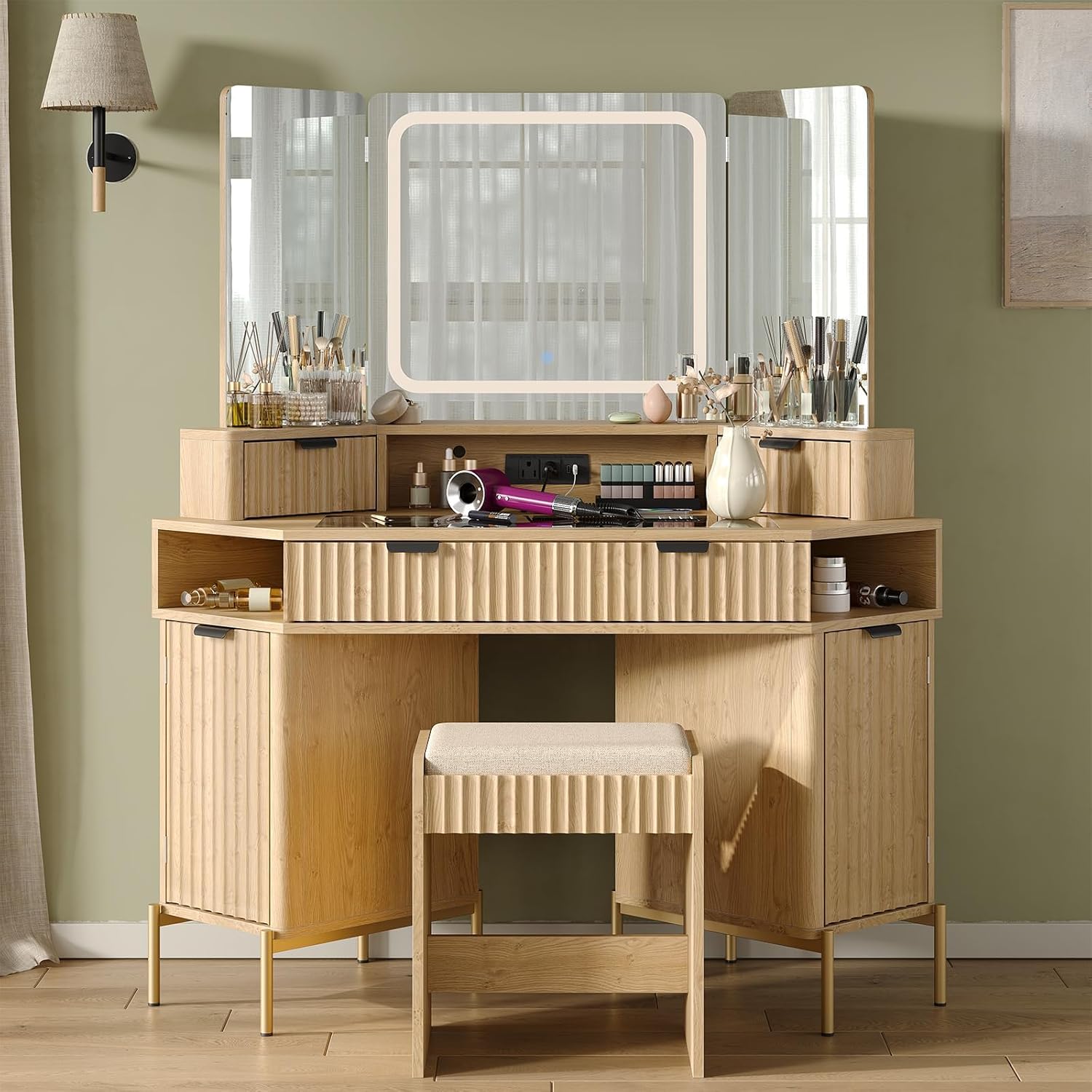 Modern 48'' Fluted Makeup Vanity Desk with HD Triple Mirror & LED Lights – Spacious Corner Dressing Table with Glass Top, 3 Drawers & 2 Cabinets for Stylish Bedroom Decor (Oak)