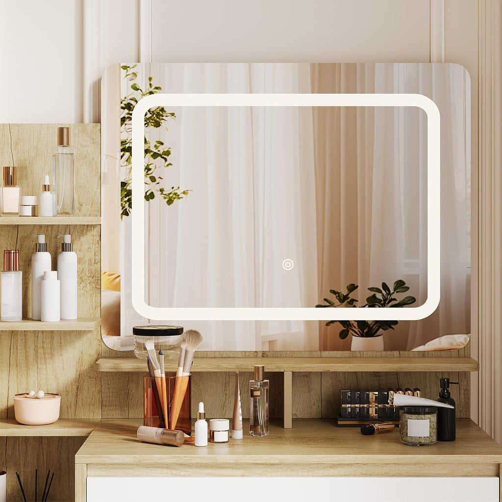 Makeup Vanity Desk with Mirror and Lights with Drawers, Power Outlet, USB Ports, Stool, Dressing Table with 3 Lighting Color Adjustable for Bedroom, Women,