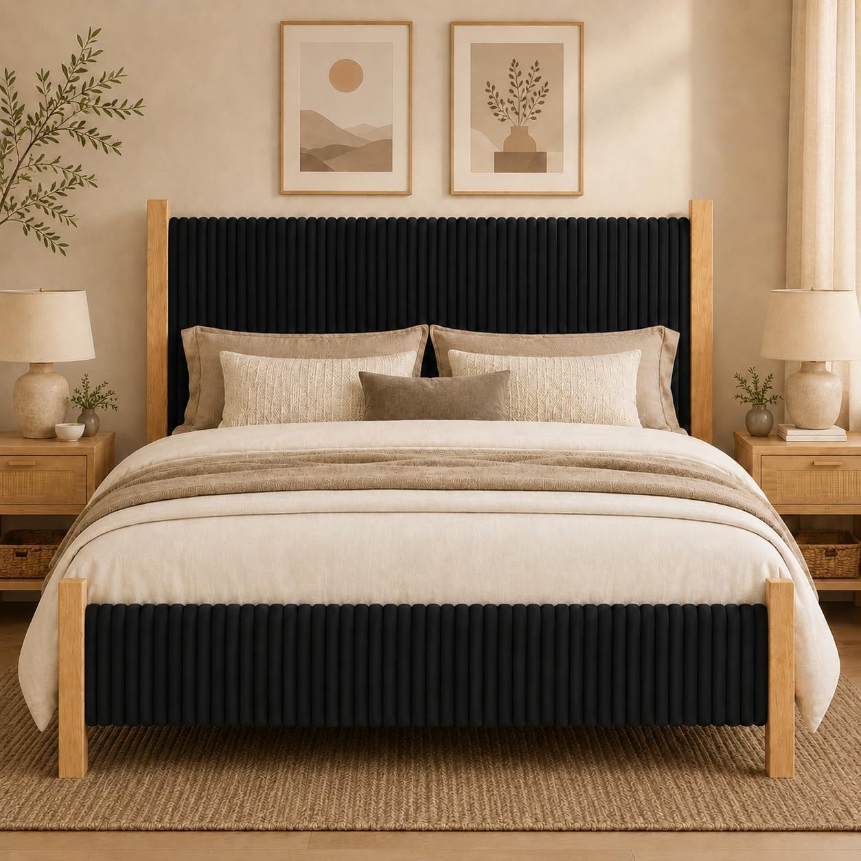 HOMBCK Queen Size Bed Frame with Headboard, Corduroy Upholstered Bed Frame Queen, No Box Spring Needed, 4 Solid Wood Support, Noise-Free, Easy Assembly for Couples, Master Bedrooms, Black