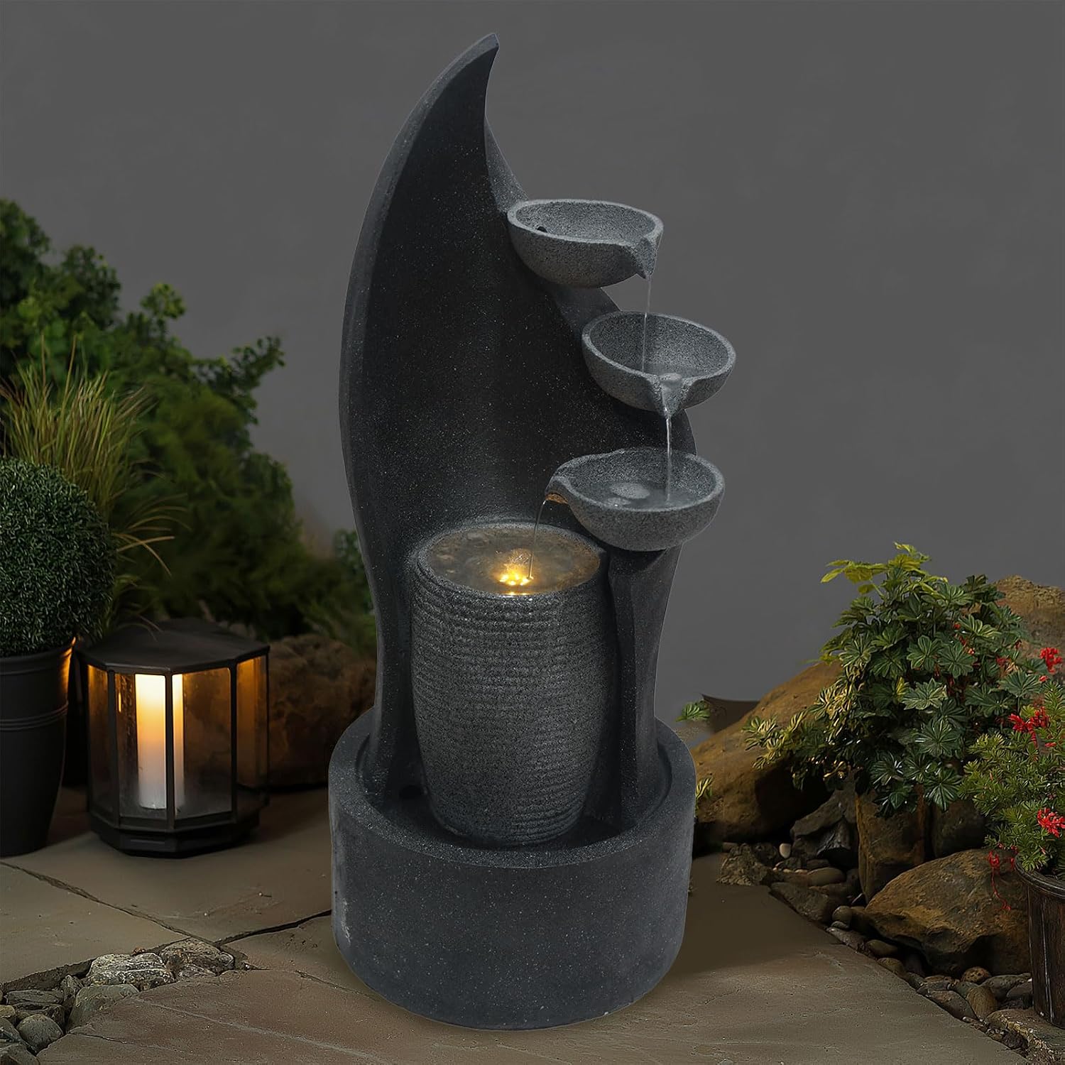 G-LEAF Cascading Bowl Water Fountain with LED Lights Outdoor 35'' H Waterfall Fountain 3-Tier Indoor Floor Standing for Garden, Living Room, Patio, Home Decor