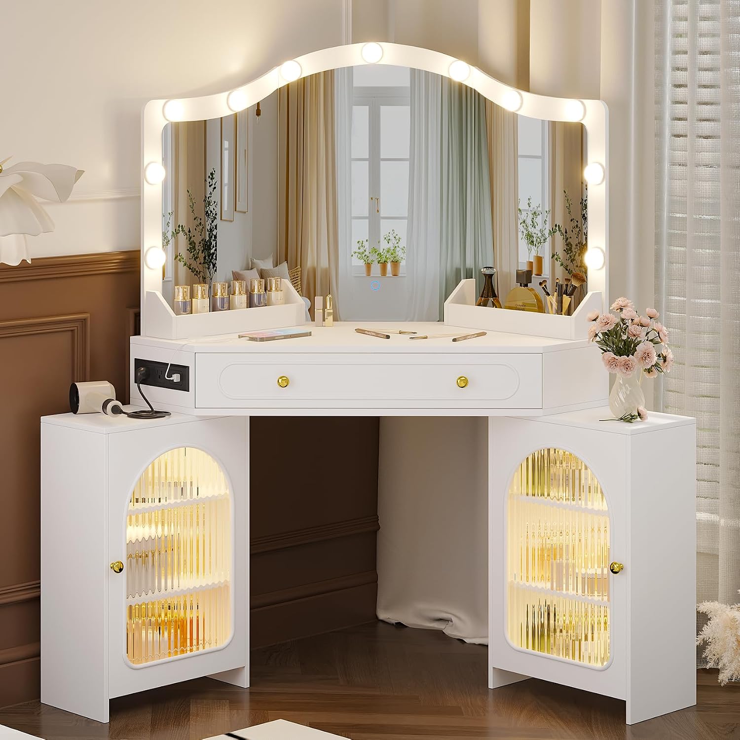 Corner Vanity Desk with 3 Way Mirror & LED Lights, Makeup Table Set with Charging Station, Storage Drawers & Side Cabinets, Modern Bedroom Dressing Table for Women & Girls Birthday Gift