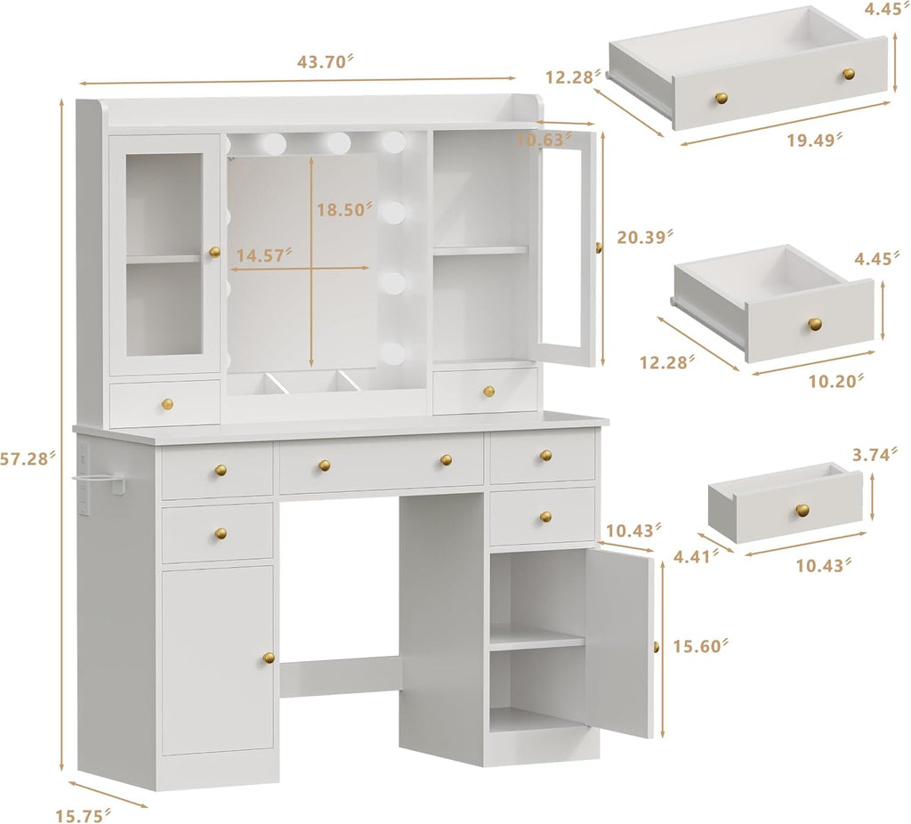 HUANLEGO Vanity Desk with Mirror and Lights, White Makeup Vanity Mirror with Lights & Power Outlet and 7 Drawers, 2 Cabinet, 3 Color Modes Adjustable, Dressing Table Set for Girls Women