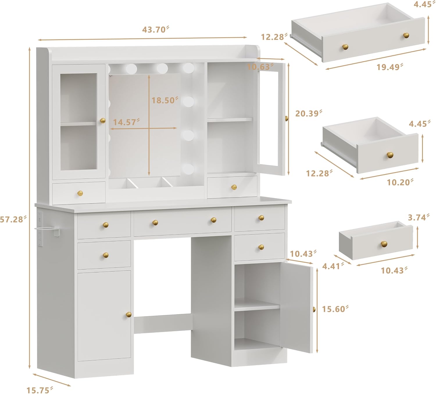 HUANLEGO Vanity Desk with Mirror and Lights, White Makeup Vanity Mirror with Lights & Power Outlet and 7 Drawers, 2 Cabinet, 3 Color Modes Adjustable, Dressing Table Set for Girls Women