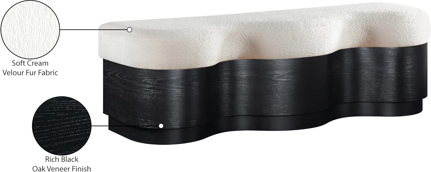 Meridian Furniture 22081Cream Savoy Collection Art Deco Bench with Soft Cream Velour Fur Fabric, Rich Black Finish, Mix of Solid Wood & MDF, 60' W x 18.5' D x 18.5' H, Cream