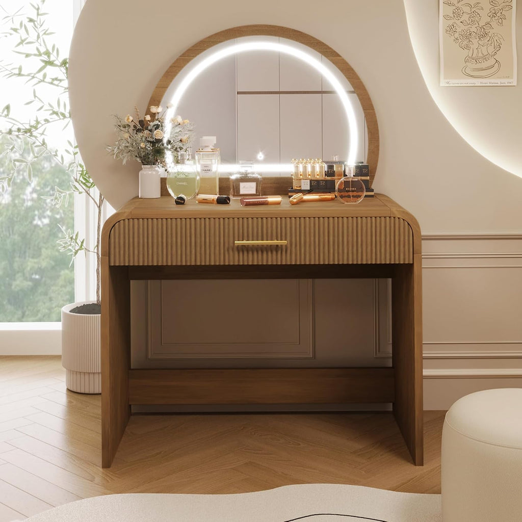 JIJIWANG 39' Makeup Vanity Table with Mirror Touch Screen Lighted Mirror, Dressing Table with Drawer for Bedroom (Espresso, 39' L x 20.1' W x 52.7' H)