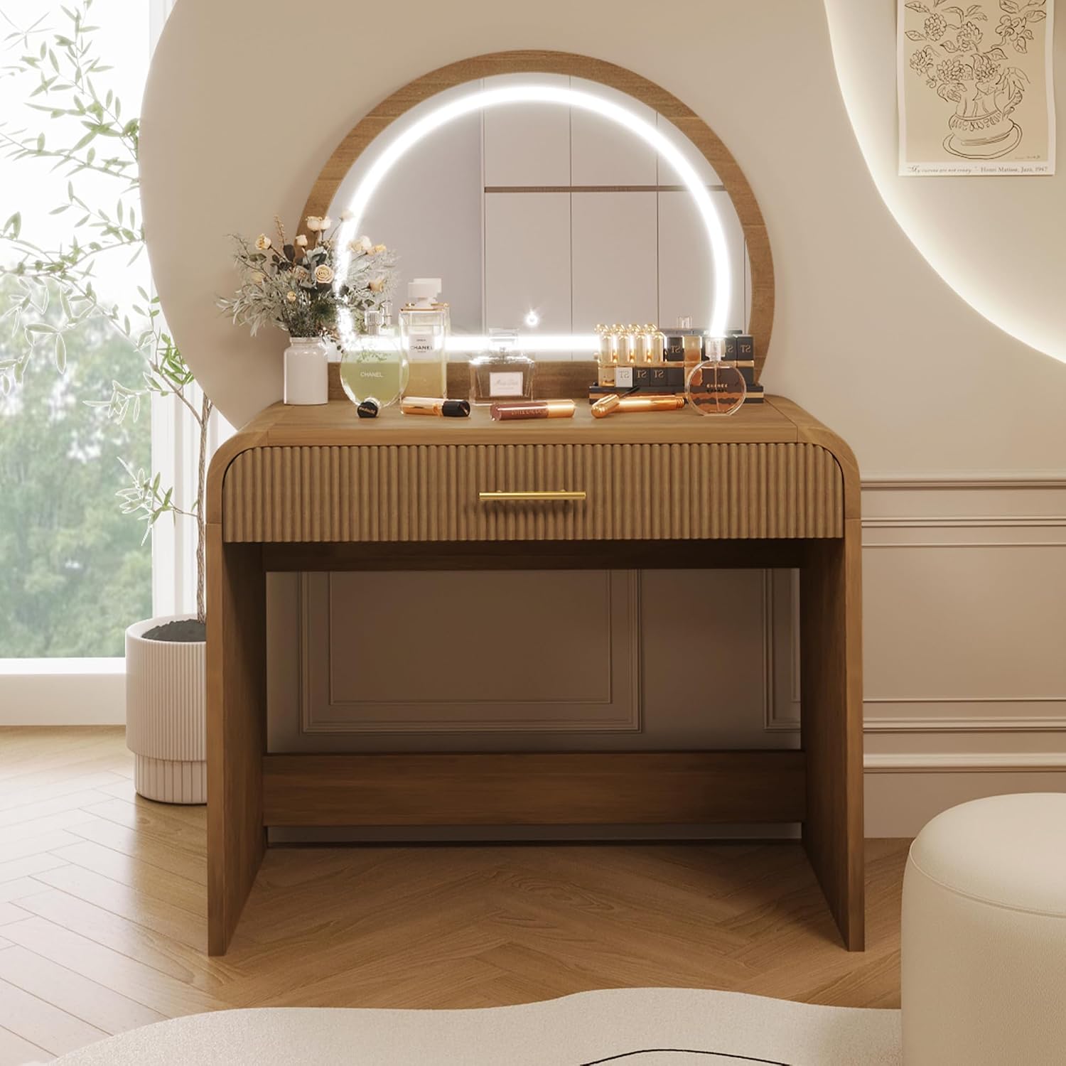JIJIWANG 39' Makeup Vanity Table with Mirror Touch Screen Lighted Mirror, Dressing Table with Drawer for Bedroom (Espresso, 39' L x 20.1' W x 52.7' H)