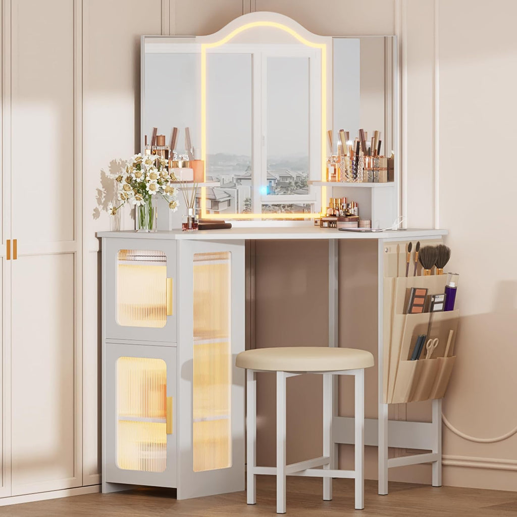 LVSOMT Corner Makeup Vanity Desk with Mirror and Lights, 44' Dressing Table with Charging Station, Makeup Table with Stool, Storage Cabinet and Adjustable Shelf, Bedroom Vanity for Girls Women, White