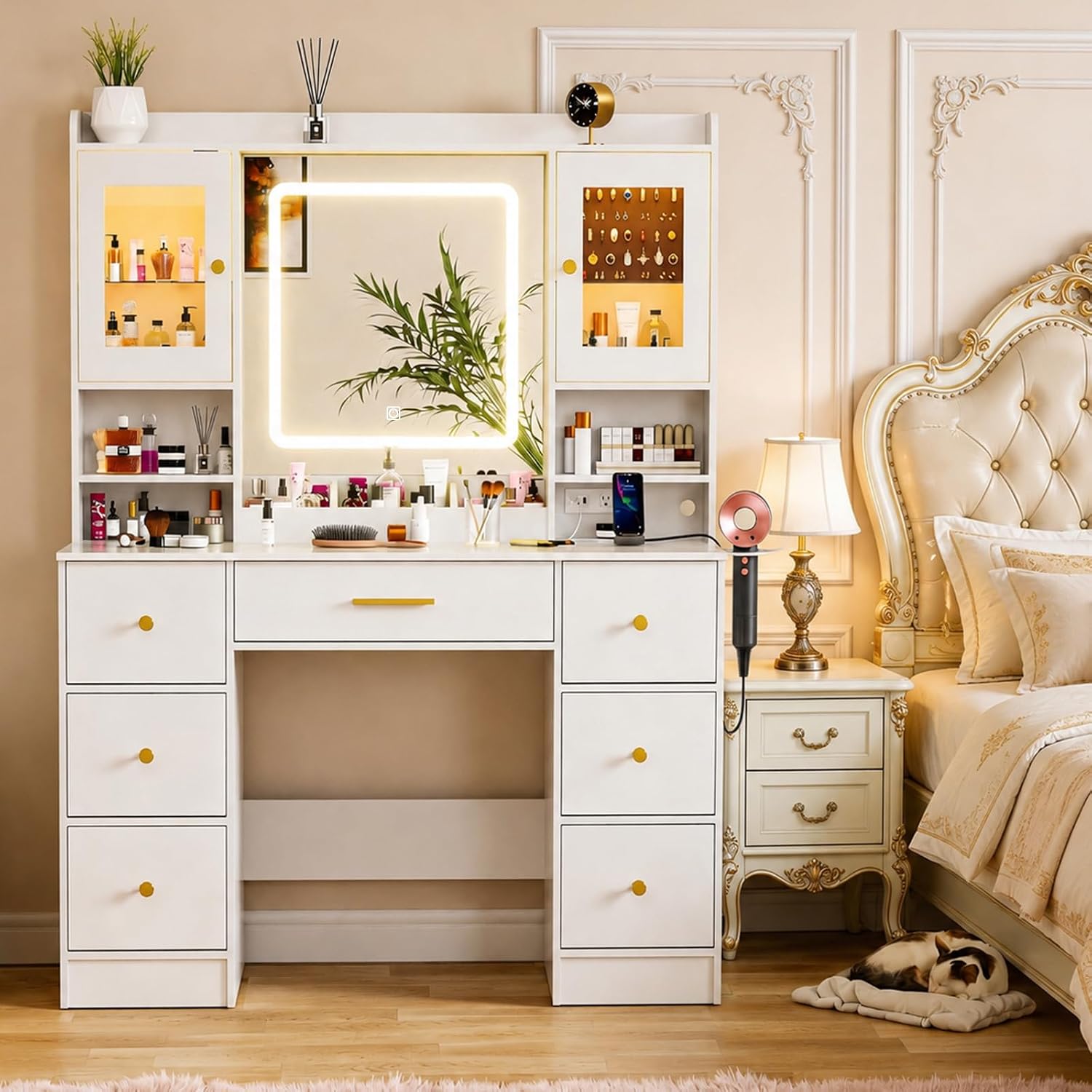 LAKEMID White Makeup Vanity Desk with Mirror and Lights,Make Up Vanity Table with Lighted Mirror 7 Drawers, Modern Vanity with Power Outlet RGB Cabinets,Dressing Table for Bedroom Women Girls
