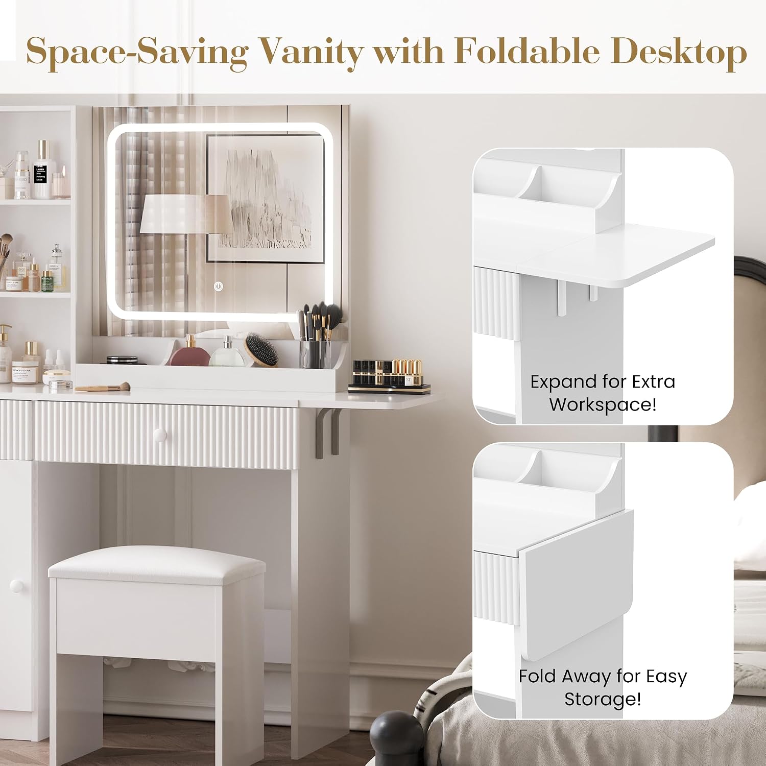 GarveeHome Makeup Vanity with Lighted Mirror, Vanity Desk Foldable Desktop, Power Strip, Adjustable Lighting, Drawers and Cushioned Stool, Dressing Table for Bedroom, White