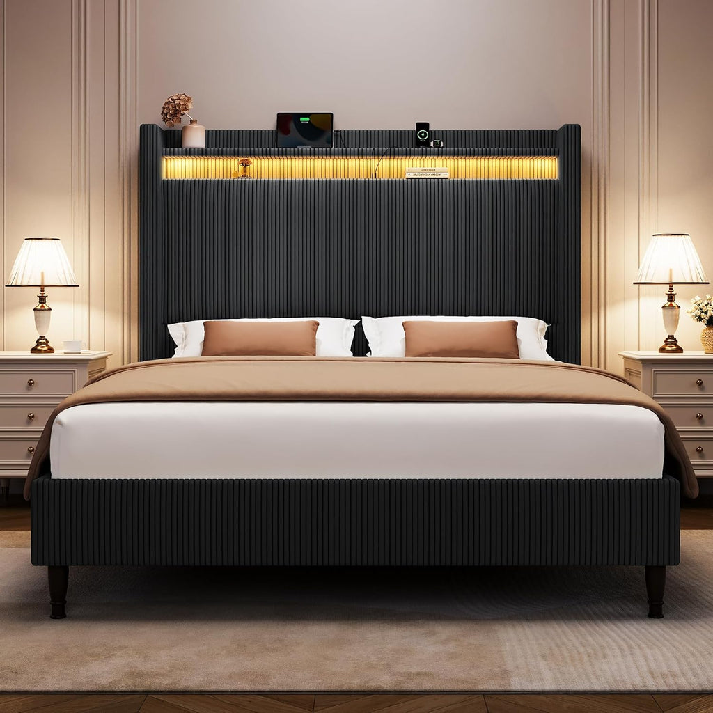 Queen Size Bed Frame with Tall Headboard, 55.3' Upholstered Platform Bed with LED Lights & Charging Station, Elegant Corduroy Bedframe, 2-tier Storage Wingback Headboard, No Box Spring Needed, Black