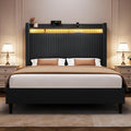 Queen Size Bed Frame with Tall Headboard, 55.3' Upholstered Platform Bed with LED Lights & Charging Station, Elegant Corduroy Bedframe, 2-tier Storage Wingback Headboard, No Box Spring Needed, Black