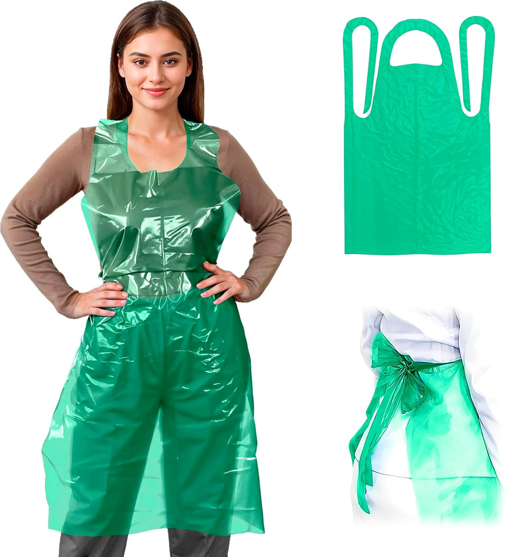 EZGOODZ Disposable Aprons, Green 28 x 46 Inch Plastic Disposable Aprons, 1 Mil Polyethylene Apron with Extra Long Ties, Pack of 1 000 Pieces