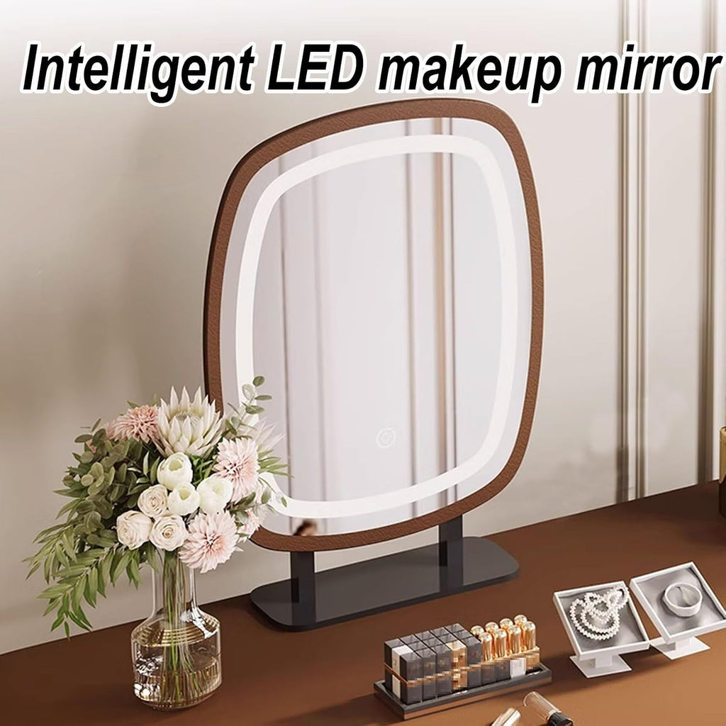 Makeup Table with Lighted Mirror and Chair Mirror 3 Colors Modes Dimming Rounded Corners Telescopic Adjustment Wood Vanity with Cushioned Stool(Black)