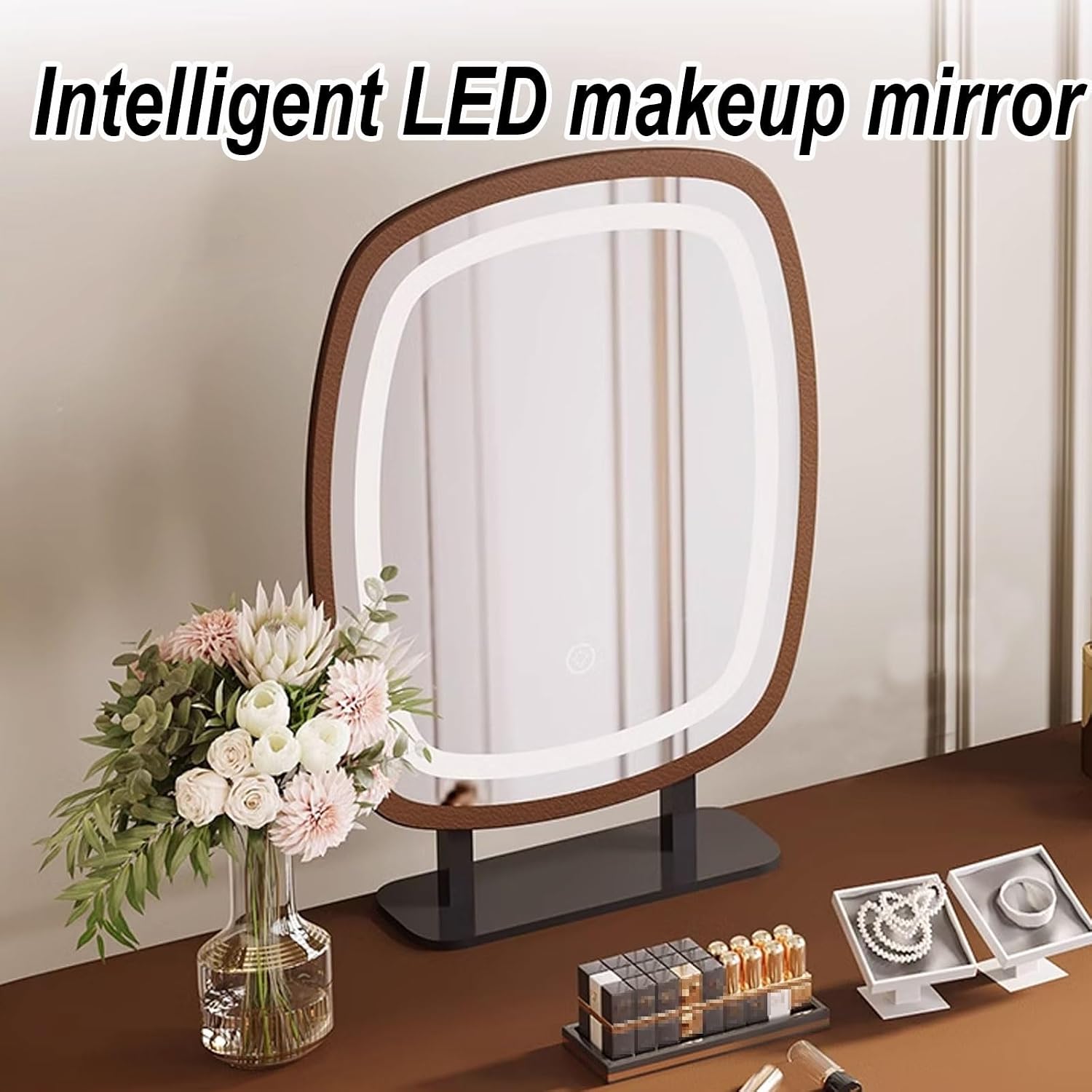 Makeup Table with Lighted Mirror and Chair Mirror 3 Colors Modes Dimming Rounded Corners Telescopic Adjustment Wood Vanity with Cushioned Stool(Green)